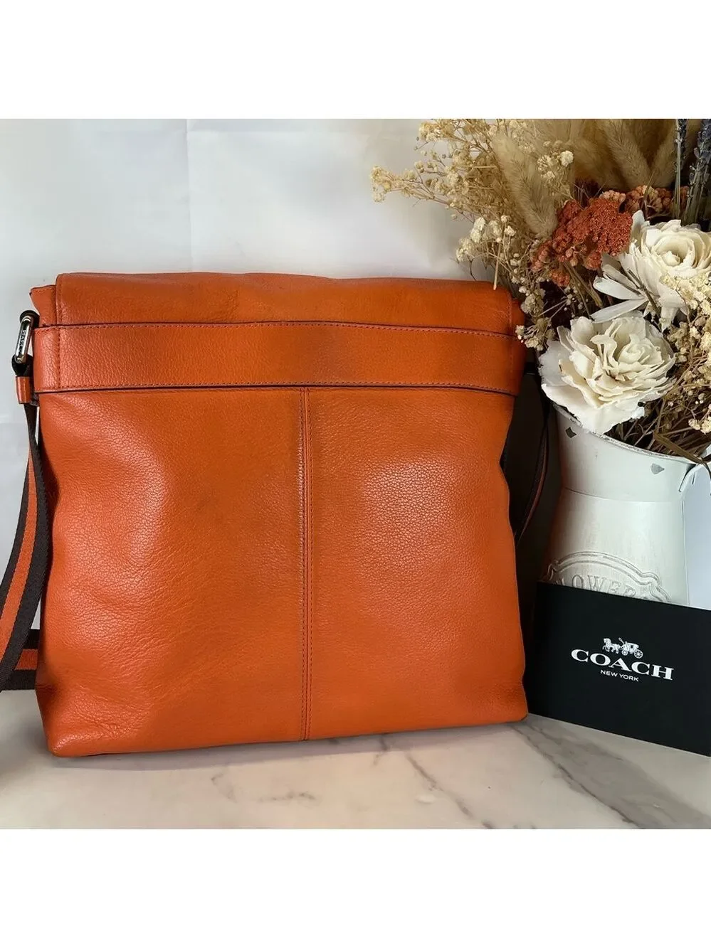 Coach Unisex Charles Messenger‎ Vibrant Orange Brown Leather Crossbody Bag